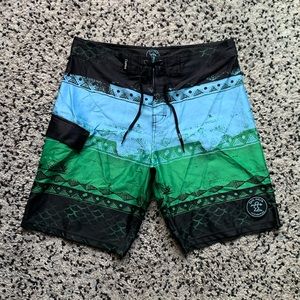 Da Hui Hawaii Board Shorts Men's Blue Green Black Side Pocket Size 34